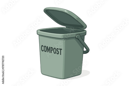 Green kitchen compost bin with open lid for organic waste collection