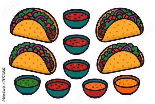 Collection of stylized hard shell tacos with various dipping sauces
