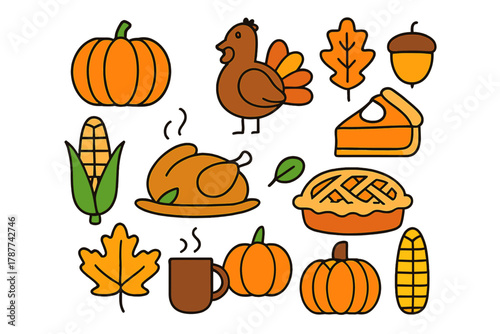 Colorful icons representing autumn harvest and holiday food elements