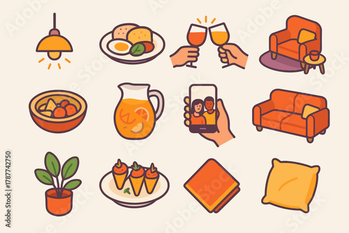 Isometric Friends Gathering. Friends Gathering modern flat icon set: warm lighting, shared meal, glasses raised, cozy corner, snacks, drink pitcher, phone selfie, couch, potted