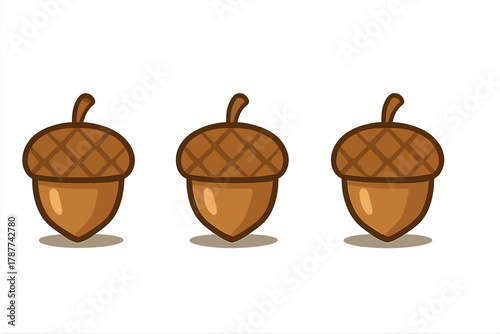 Stylized brown acorns with textured caps and realistic shadows