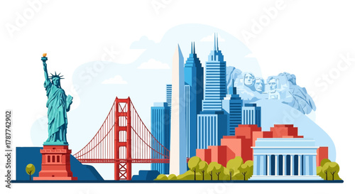 Illustration showcasing iconic American landmarks: Statue of Liberty, Golden Gate Bridge, city skyscrapers, Lincoln Memorial, and Mount Rushmore.