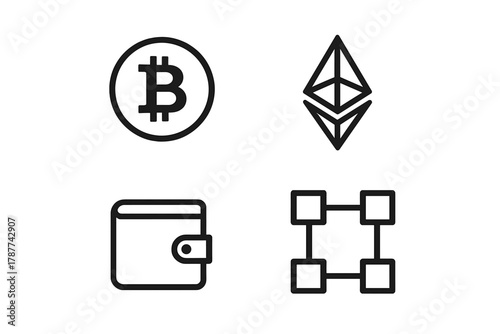 Outline icons set for digital finance and cryptocurrency concepts