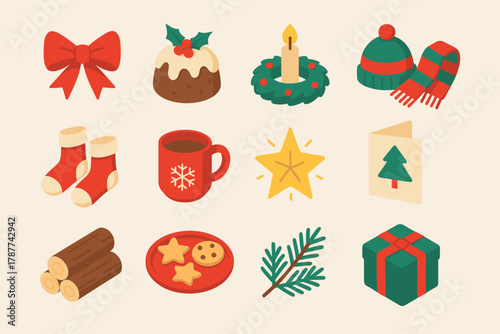 Christmas Icon Collection. Classic Christmas Aesthetic modern flat icon set: red bow, Christmas pudding, wreath candle, scarf and hat set, cozy socks, winter mug, twinkling star,