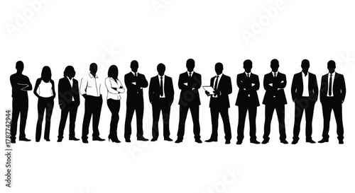 Vector art of diverse group of business people silhouette, representing teamwork, leadership, and professional collaboration in corporate settings