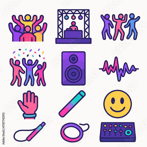Vibrant Music Festival Icons. Dancing Crowd modern flat icon set: festival crowd, concert stage, colorful lights, dancing silhouettes, confetti rain, bass speaker, music pulse,