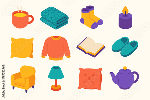 Cozy Comfort Icons. Everyday Comfort modern flat icon set: cup of tea, knitted blanket, cozy socks, candle flame, pillow, sweater, reading book, slippers, armchair, lamp, cushion,
