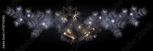 Merry Christmas. Isolated garland of a golden bell and white fir branches.