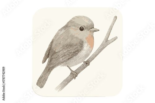 Small songbird with gray plumage and subtle orange throat perched on thin branch