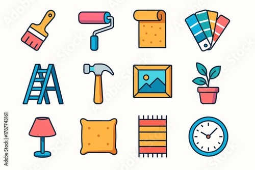 Home Makeover Tools. Home Makeover modern flat icon set: paintbrush, paint roller, wallpaper roll, color swatches, ladder, hammer, picture frame, potted plant, lamp, cushion, rug,