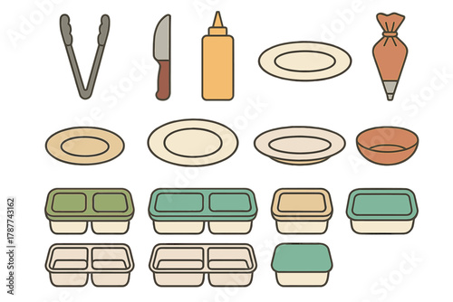 Set of essential kitchen tools and food preparation containers icons