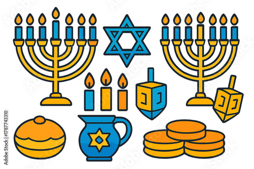 Collection of Hanukkah holiday symbols featuring menorah dreidel gelt and sufganiyot