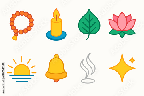 Morning Chanting Icons. Morning Chanting modern flat icon set: prayer beads, candle, Bodhi leaf, lotus bloom, rising sun, bell, smoke, sparkle.