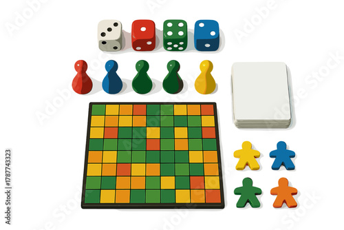 Colorful board game pieces and playing field with dice and cards