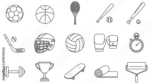 Collection of outline icons representing various sports equipment and activities, including balls, bats, a tennis racket, boxing gloves, and a trophy.