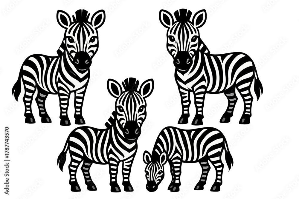 Naklejka premium Four stylized black and white zebra animals in various poses