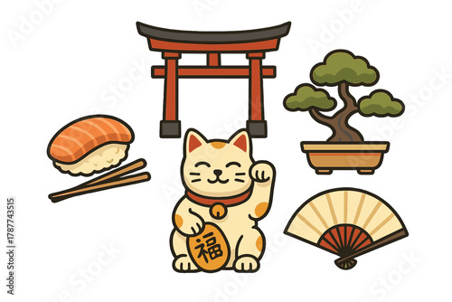 Traditional Japanese cultural icons and symbols collection
