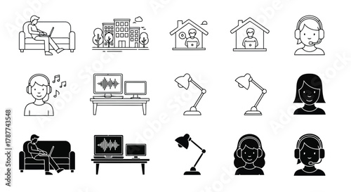 Vector art of set of work from home icons, depicting remote work setups, communication tools, and home office equipment in black and white
