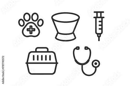 Essential outline icons for veterinary care and pet supplies