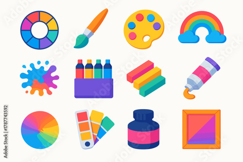 Colorful Art Supplies. Vibrant Colors modern flat icon set: color wheel, paintbrush, palette, rainbow, watercolor splash, marker set, pastel sticks, paint tube, ink bottle,