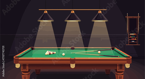 A billiard table with balls, cues, and a rack, illuminated by three hanging lamps in a dark room.