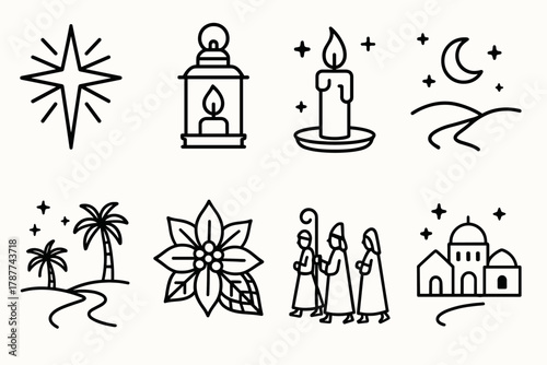 Hopeful Holiday Symbols. Symbol of Hope outline icon set: radiant star, lantern glow, candle, sky with stars, procession path, palm trees, poinsettia, village.