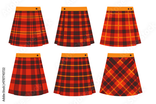 Six variations of pleated short skirts with red and orange plaid pattern