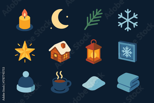 Christmas Icon Collection. Christmas Peaceful Night modern flat icon set: candle flame, moonlight, pine branch, snowflake, glowing star, cozy cabin, lantern glow, frosty window,