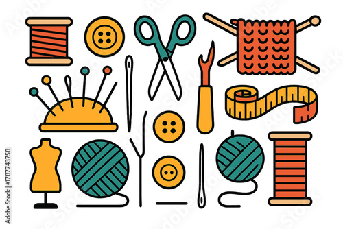 Colorful sewing and knitting craft supplies icons assortment