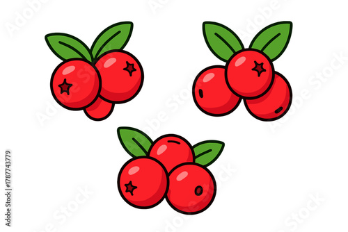 Red berries and green leaves icon set design elements