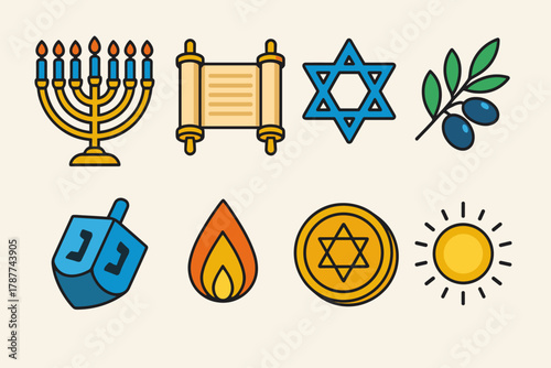 Modern Hanukkah Icon Set. Sacred Hanukkah Legacy modern flat icon set: menorah, Torah scroll, Star of David, olive branch, dreidel, candle flame, coin, halo light.