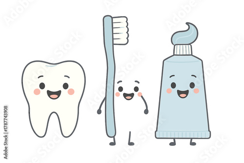 Cute cartoon tooth toothbrush and toothpaste characters for dental hygiene concept