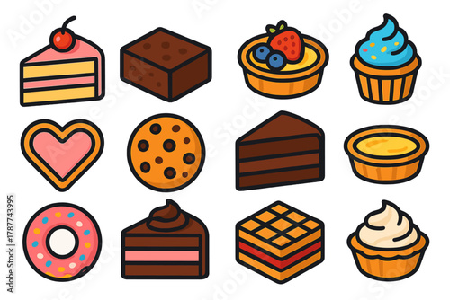 Collection of sweet baked goods and desserts icons in thick outline style
