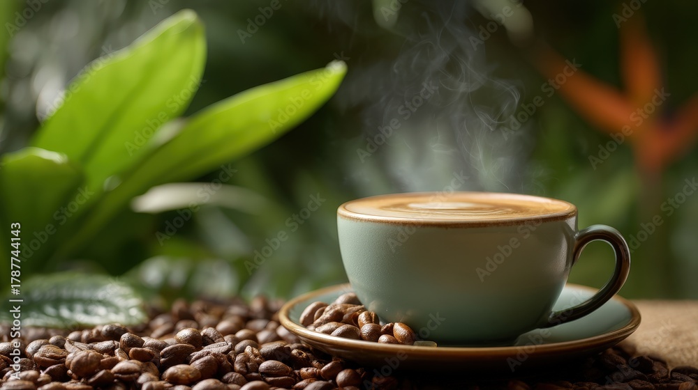 Obraz premium Steaming cup of cappuccino resting on coffee beans on a wooden table with green background