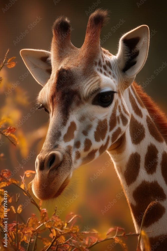 Obraz premium Striking close-up of a young giraffe's gentle gaze against golden autumn foliage