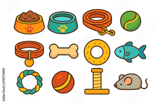 Assortment of colorful icons for common pet supplies and playthings