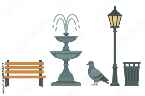 Collection of essential city park elements including bench fountain pigeon lamppost and trash bin