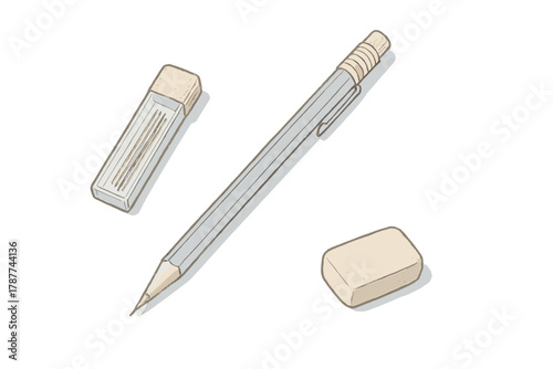 Mechanical pencil with lead refill case and rectangular eraser isolated