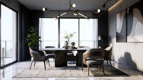 Luxurious modern dining room with elegant furniture and natural light