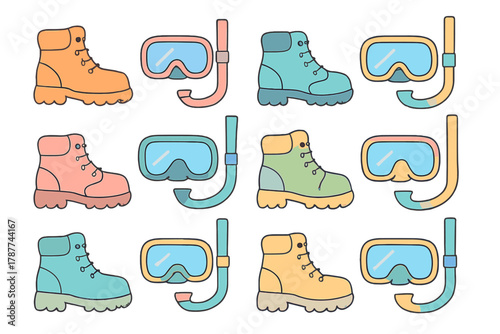 Seamless pattern of hiking boots and snorkeling masks for outdoor adventure