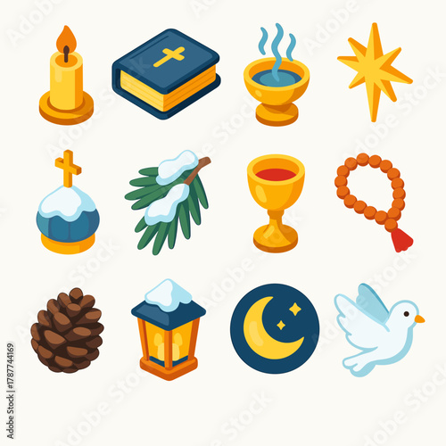 Sacred Winter Icons. Sacred Winter Customs modern flat icon set: church candle, old bible, incense bowl, radiant star, cross on dome, snowy branch, holy cup, prayer beads, pinecone
