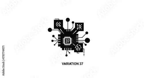 Central processor chip with integrated circuit connections and digital icons, symbolizing technology and data.