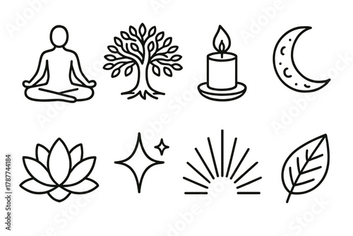 Meditative Icon Harmony. Moment of Clarity outline icon set: meditation pose, Bodhi tree, candle, moon, lotus flower, sparkle, light ray, leaf.