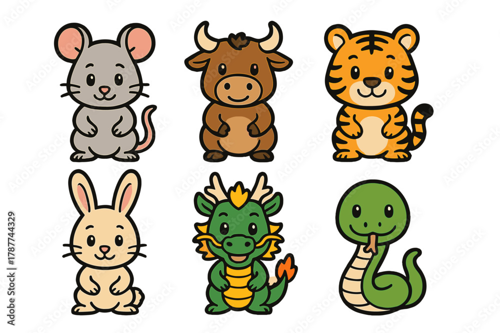 Naklejka premium Six adorable cartoon icons representing Chinese zodiac animals