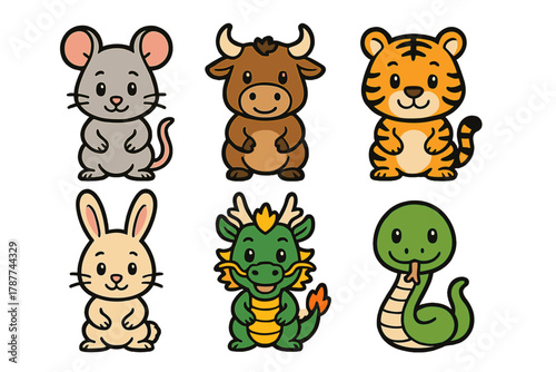 Six adorable cartoon icons representing Chinese zodiac animals