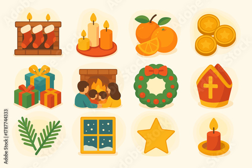 St. Nicholas Eve. St. Nicholas Eve at Home modern flat icon set: stockings on mantel, candles, oranges, coins, gift boxes, family by fire, wreath, bishop hat, pine branches, snow