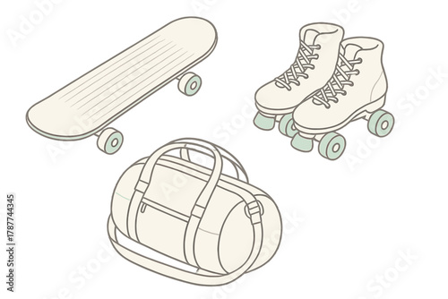 Isometric sports equipment collection with skateboard roller skates and duffel bag