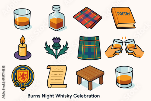 Burns Night Icons. Burns Night Whisky Celebration modern flat icon set: whisky tumbler, decanter bottle, tartan napkin, poetry book, candle flame, thistle emblem, kilt fabric,