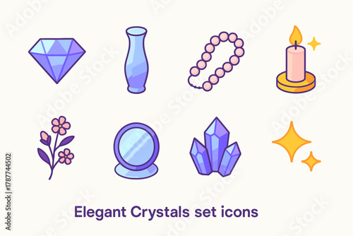 Vibrant Crystal Icon Set. Elegant Crystals modern flat icon set: cut diamond, tall vase, pearl string, glowing candle, floral branch, mirrored base, gem cluster, shimmer.