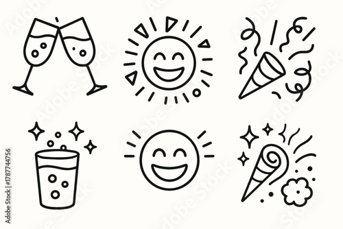 Celebration Icons. Cheers & Laughter outline icon set: raised glasses, joyful smile, confetti burst, streamers, bubbly drink, laughter emoji, sparkles, party horn.
